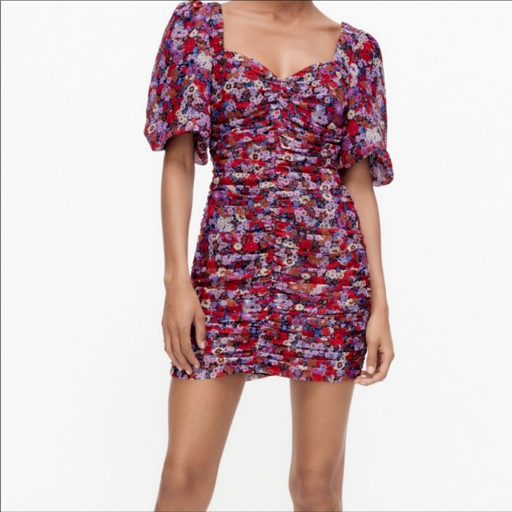 Zara Floral Chiffon Ruched Mini Dress